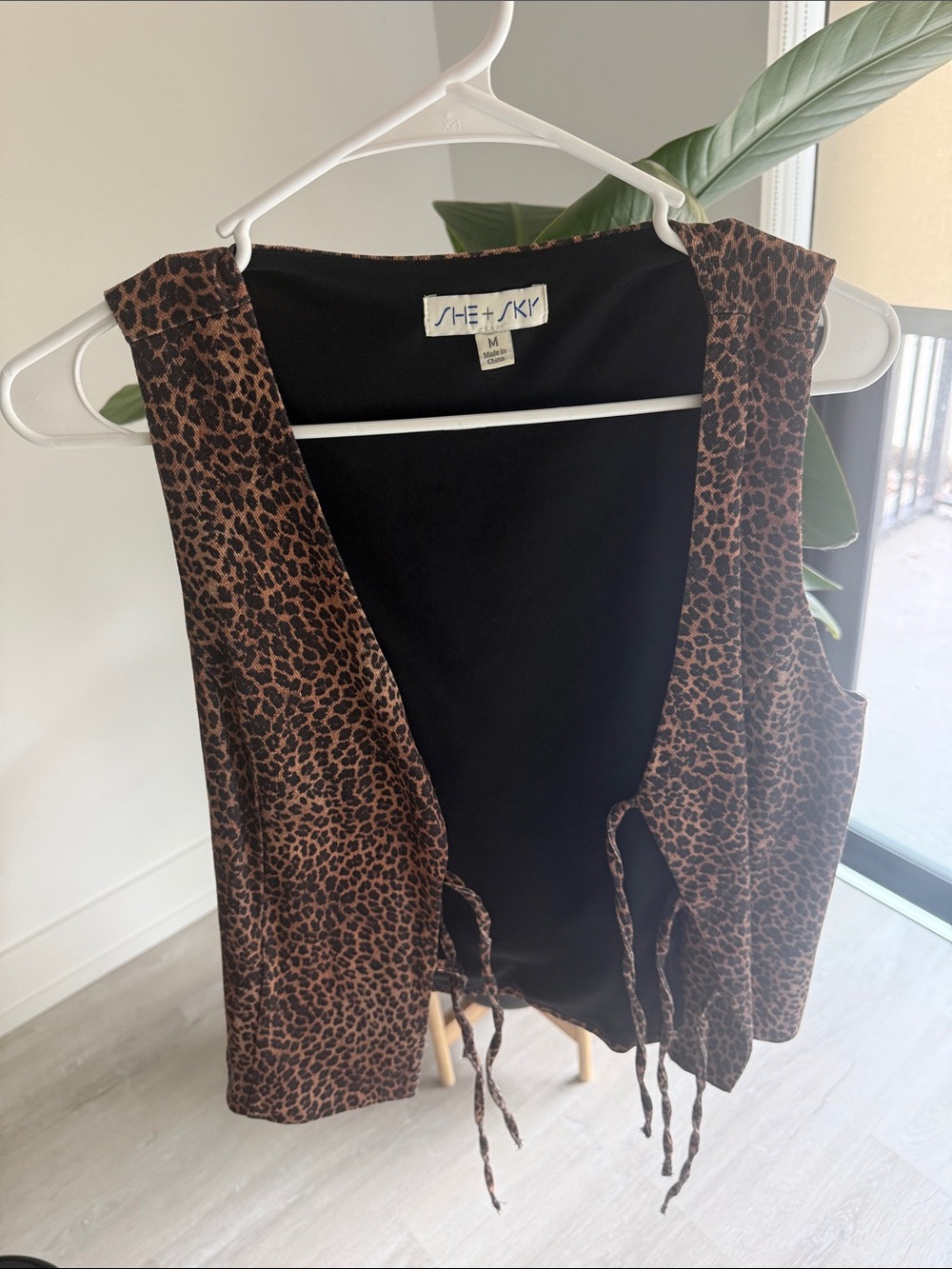 She + Sky Leopard-Print Tie-Front Vest in Brown & Black